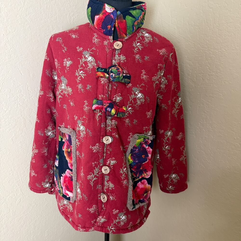 Wileme Women’s Floral Red Jacket Sherpa Lined Toggle Button Boho Art to Wear